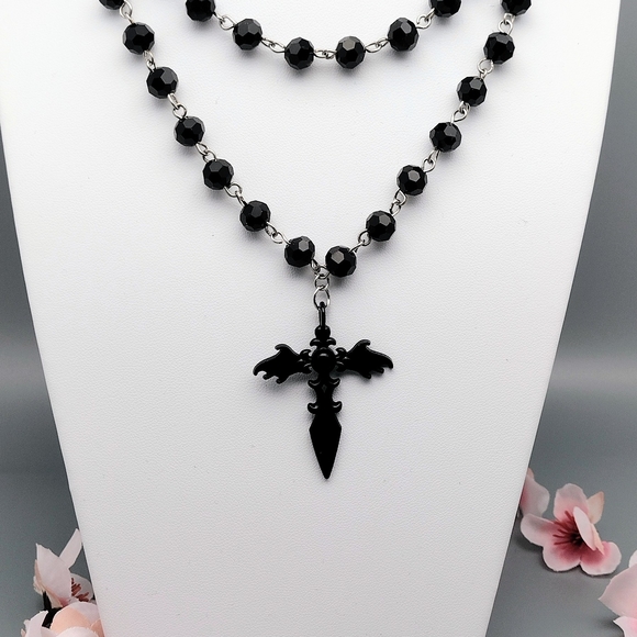 Double Strand Goth Necklace Choker Faceted Beads Bat Sword Charm Black Handmade - Picture 1 of 4